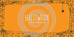 Halloween horizontal frame black cobweb and spider on orange ba