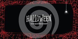 Halloween horizontal frame red cobweb and spider on black background ilustration vector. Halloween concept.