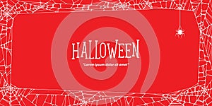 Halloween horizontal frame white cobweb and spider on red background ilustration vector. Halloween concept.