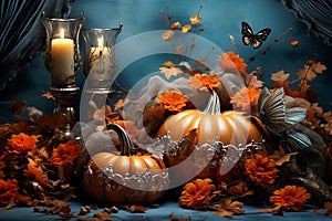 Halloween horizontal still life. Background with pumpkins, butterfly and candles. Beautiful blue and orange holiday backdrop.