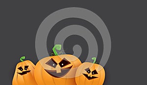 Halloween Horizontal web Banner or poster with Halloween scary pumpkins isolated on grunge grey wall background. Funky