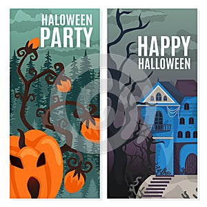 Halloween horror banner design, holiday night with bat, pumpkin vector illustration. Scary october party set, creepy