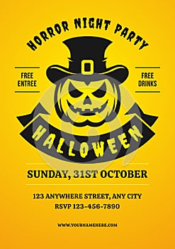 Halloween horror night music party flyer design template yellow retro poster vector flat