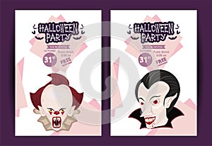 Halloween horror party celebration poster with dark clown and vampire