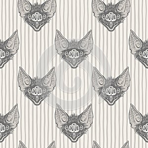 Halloween, horror striped vintage seamless pattern with bat head