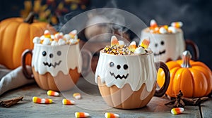 Halloween hot chocolate with marshmallows and candy corn on wooden background photo