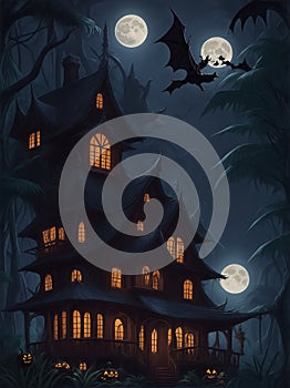 A Halloween house in deep jungle, moon night, flying bat on sky, showing ghost in front house