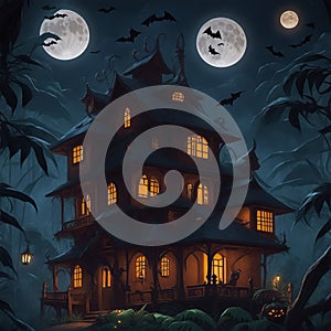 A Halloween house in deep jungle, moon night, flying bat on sky, showing ghost in front house