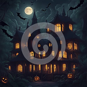 A Halloween house in deep jungle, moon night, flying bat on sky, showing ghost in front house