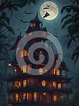 A Halloween house in deep jungle, moon night, flying bat on sky, showing ghost in front house