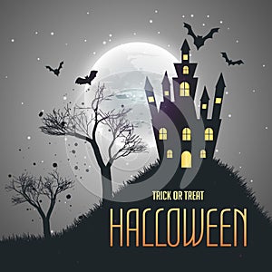 Halloween house night sky background with moon and flying bats