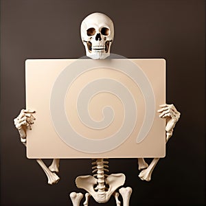 Halloween Human Skeleton Holding Blank Sign Dark Background