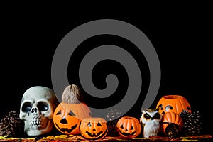 Halloween human skull, Halloween Pumpkins on an old wooden table in front of black background with free space for text