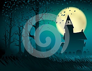 Halloween Hut Moon Light Trees Mystical Night Stump Background C