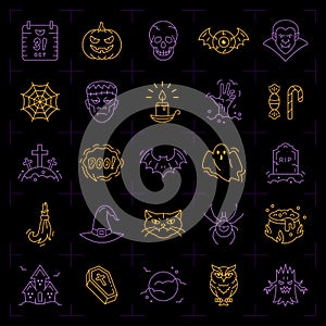 Halloween icon set. Colorful Halloween icons on an black background. Thin line art design, Vector flat illustration