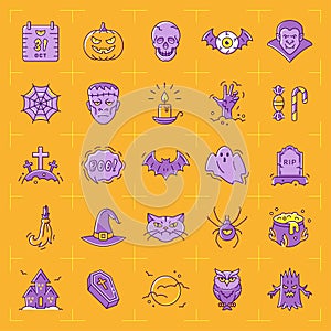 Halloween icon set. Colorful Halloween icons on an orange background. Thin line art design, Vector flat illustration