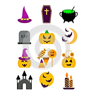 Halloween icon set. Halloween elements isolated on white background. Witch hat, Jack O\'lantern, halloween candy