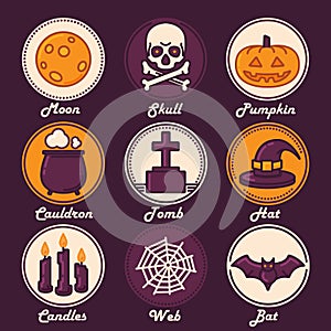 Halloween Icon Set (Moon, Skull, Pumpkin, Cauldron, Tomb, Hat, Candles, Web, Bat