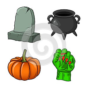 Halloween icon set. Spooky vectors collection for october holiday. Creepy cartoon set for party invitation. Design with pumpkin,