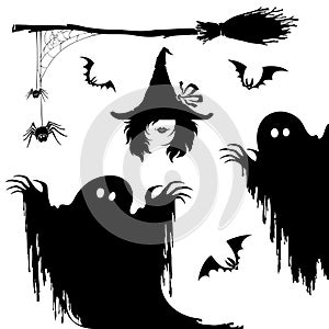 Halloween icon set.Witch,nightmare monster,broom and spiderweb. photo