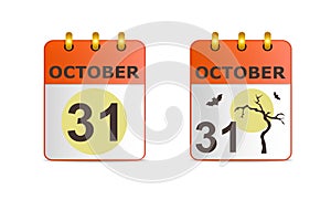 Halloween on icons of calendar in different versions. Date on calendar sheet October 31. Dry tree against yellow moon.