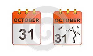 Halloween on icons of calendar in different versions. Date on calendar sheet October 31. Dry tree and bats.