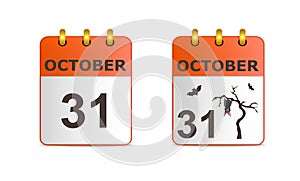 Halloween on icons of calendar in different versions. Date on calendar sheet October 31. Grey bat hanging on dry tree.