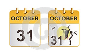 Halloween on icons of calendar in different versions. Date on calendar sheet October 31. Grey bat hanging on dry tree