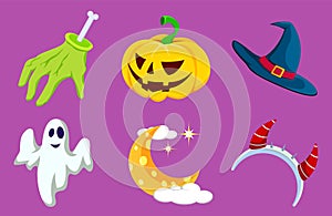 Halloween icons element vector set with hand, pumpkin, witch hat, ghost, moon and devil symbol