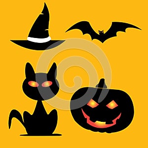 Halloween icons pumpkins bats cats hat