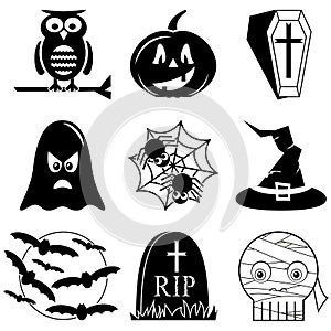 Halloween icons set in black and white including owl, pumpkin, coffin with cross, ghost, spider on spider web, witch hat with buc