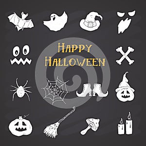 Halloween icons set, hand drawn design elements, vector illustration on chalkboard background