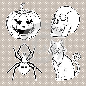 Halloween icons set: pumpkin, skull, spider, cat.