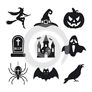 Halloween icons set. Pumpkin, Witch, bat, witch hat, ghost, spider, grave, crow, and witches castle. Vector icons