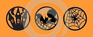 Halloween icons set. Halloween round shape  badge black color. Horizontal orange background. Vector