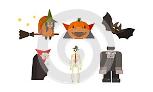 Halloween icons set, witch, pumpkin, vampire, bat, scary, skeleton, zombie, design elements for a holiday vector