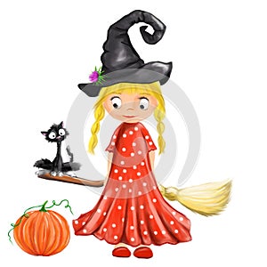 Halloween illustrated cute witch girl with broom, cat, hat and pumpkin