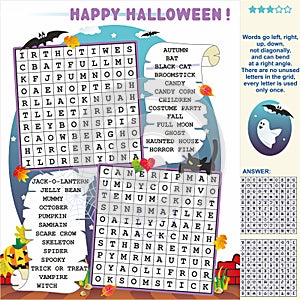 Halloween illustrated zigzag word search puzzle. Answer included.