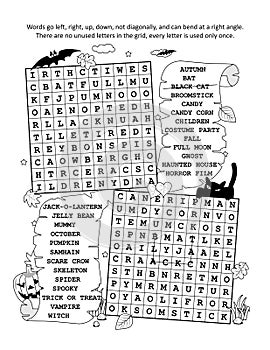 Halloween illustrated zigzag word search puzzle, black and white version. Suitable both for kids and adults.