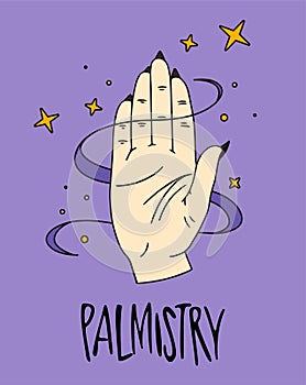 Halloween illustration. Astrological forecast, horoscope, palmistry, stars, icons for chiromancy, fortuneteller, witch, female