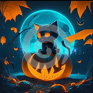Halloween illustration with a big orange pumpkin with a black kitten on a dark background with bats. Generated by ai.