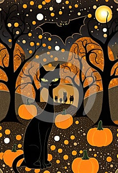 Halloween illustration with a black cat, bats and pumpkins