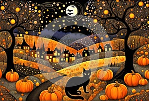 Halloween illustration with a black cat in a cute town, bats and pumpkins