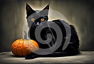 Halloween illustration with a black cat and pumpkins