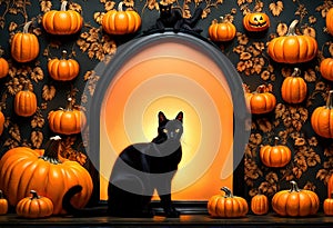 Halloween illustration with a black cat and pumpkins