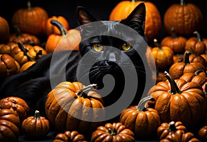 Halloween illustration with a black cat and pumpkins