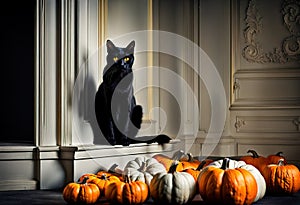 Halloween illustration with a black cat and pumpkins