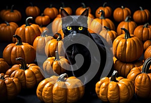 Halloween illustration with a black cat and pumpkins