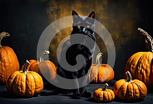 Halloween illustration with a black cat and pumpkins
