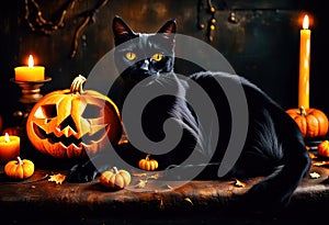 Halloween illustration with a black cat and pumpkins